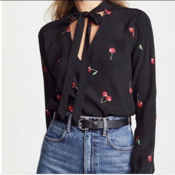 Rails Rhea Cerise Tie Neck Cherry Print Blouse Size M - Picture 4 of 9